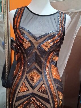 bebe Black and Copper Sequin Sheer Panel Mini Dress